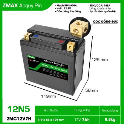 Ảnh của Bình Acquy Pin ZMAX LFP(LiFePO4) 12N5 12v 7Ah, CCA 165A Dùng cho đề xe máy - môtô 150cc