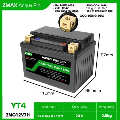 Ảnh của Bình Acquy Pin ZMAX LFP(LiFePO4) YT4 12v 7Ah, CCA 165A Dùng cho đề xe máy - môtô 150cc