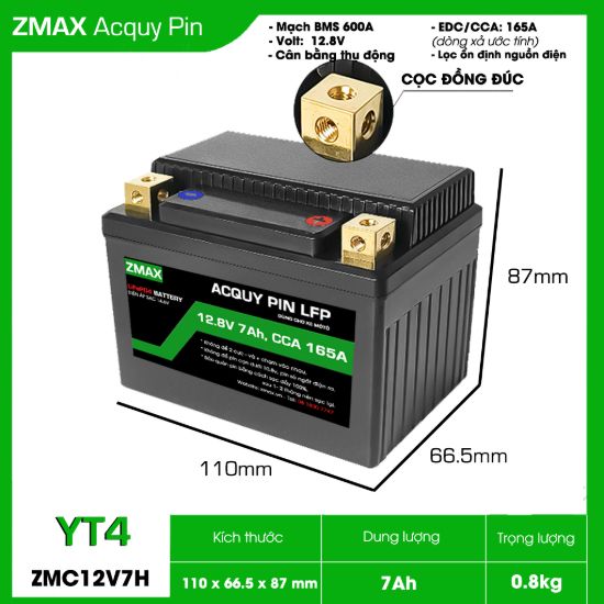 Ảnh của Bình Acquy Pin ZMAX LFP(LiFePO4) YT4 12v 7Ah, CCA 165A Dùng cho đề xe máy - môtô 150cc