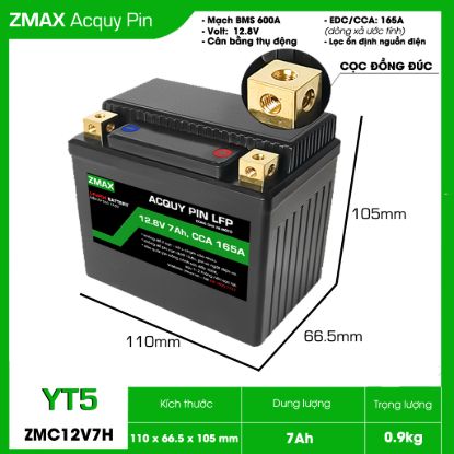 Ảnh của Bình Acquy Pin ZMAX LFP(LiFePO4) YT5 12v 7Ah, CCA 165A Dùng cho đề xe máy - môtô 150cc
