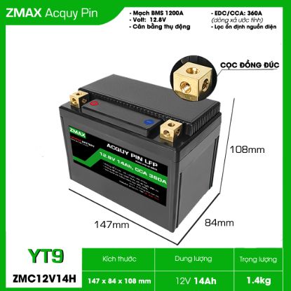 Ảnh của Bình Acquy Pin ZMAX LFP(LiFePO4) YT9 12v 14Ah, CCA 360A Dùng cho đề xe máy - môtô 300cc