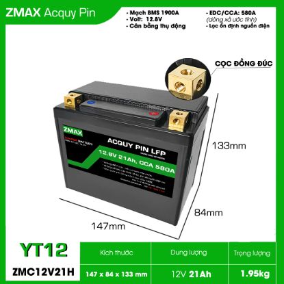 Ảnh của Bình Acquy ZMax Pin LFP(LifePO4) YT12 12V 21Ah, CCA 580A Dùng Cho Xe Máy - MôTô PKL 1200cc
