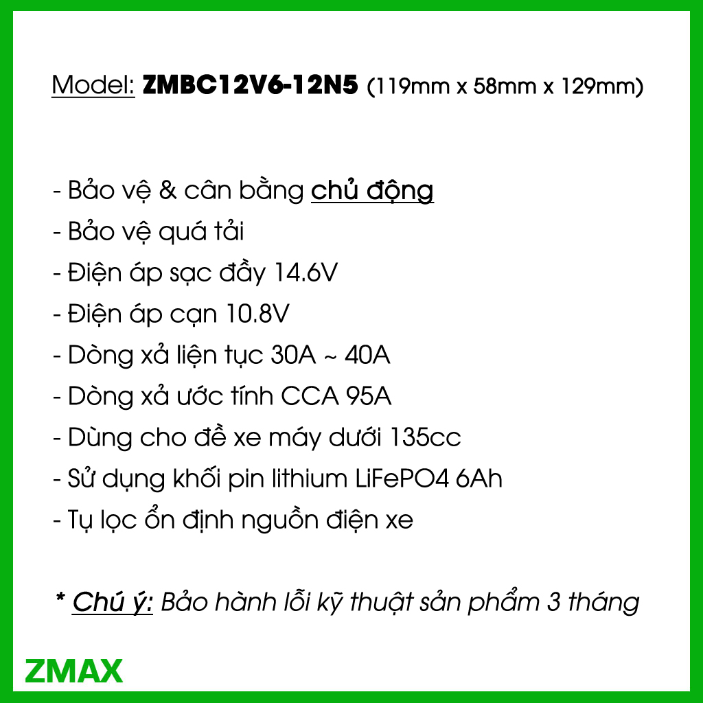 ZMAX LiFePO4 12V 6Ah ZMBC12V6-12N5 cho Honda Dream, Future, Wave Alpha