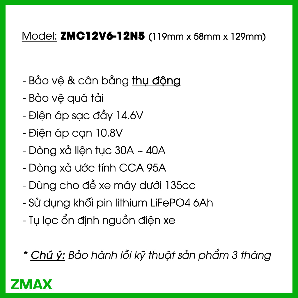 ZMAX Pin Lithium LiFePO4 12V 6Ah ZMC12V6-12N5 cho Honda Dream, Future đời đầu, Wave alpha 2002-2005