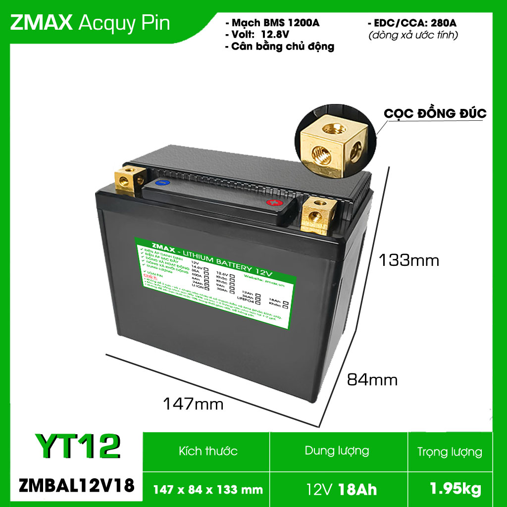 ZMAX pin Lithium LiFePO4 ZMBAL12V18-YT12 12V 18Ah cho xe máy, mô tô