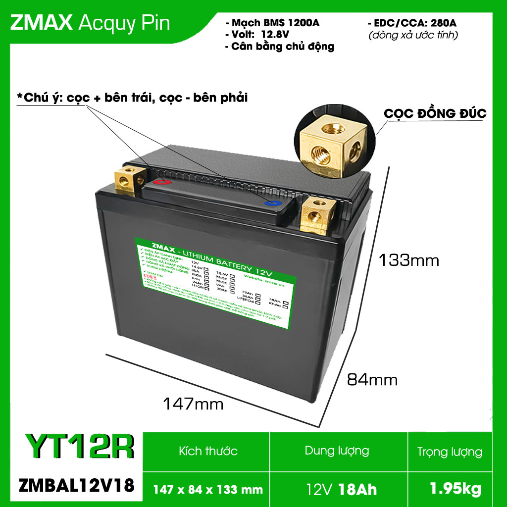 ZMAX Lithium LiFePO4 YT12R 12V 18Ah ZMBAL12V18-YT12R cho xe máy, mô tô