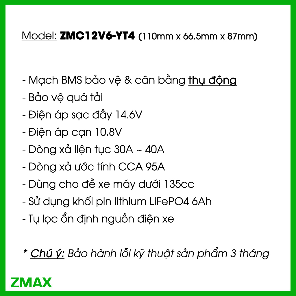 ZMAX Pin Lithium LiFePO4 YT4 12V 6Ah ZMC12V6-YT4 cho AirBlade 110, Cub C125, Exciter 155, GSX-R150