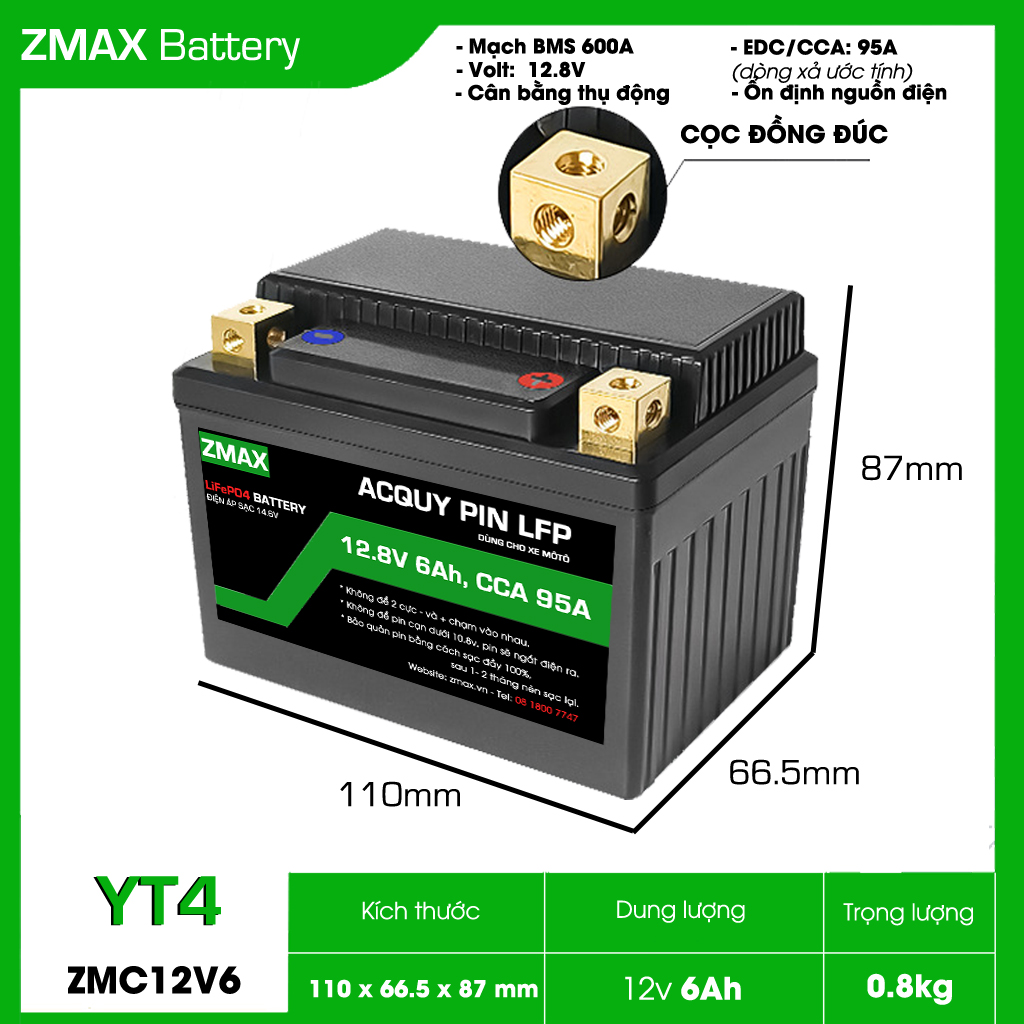 Bình Acquy ZMAX Lithium LiFePO4 YT4 12V 6Ah, CCA 95A Cho Vision, Lead, Wave Alpha