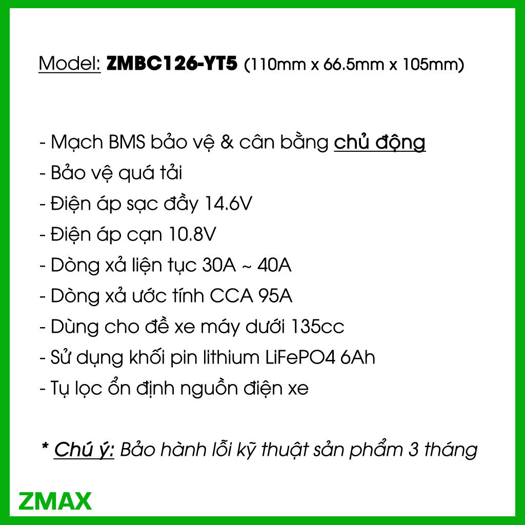 ZMAX Pin Lithium LiFePO4 YT5 ZMBC12V6-YT5 12V 6Ah cho Vario, SH Mode, AirBlade, Exciter