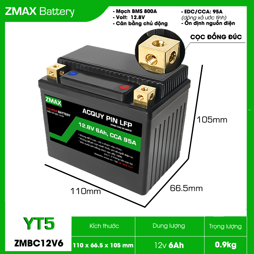 Bình Acquy ZMAX Lithium LiFePO4 YT5 12V 6Ah Cân Bằng Cell Chủ Động 135cc | ZMBC12V6-YT5