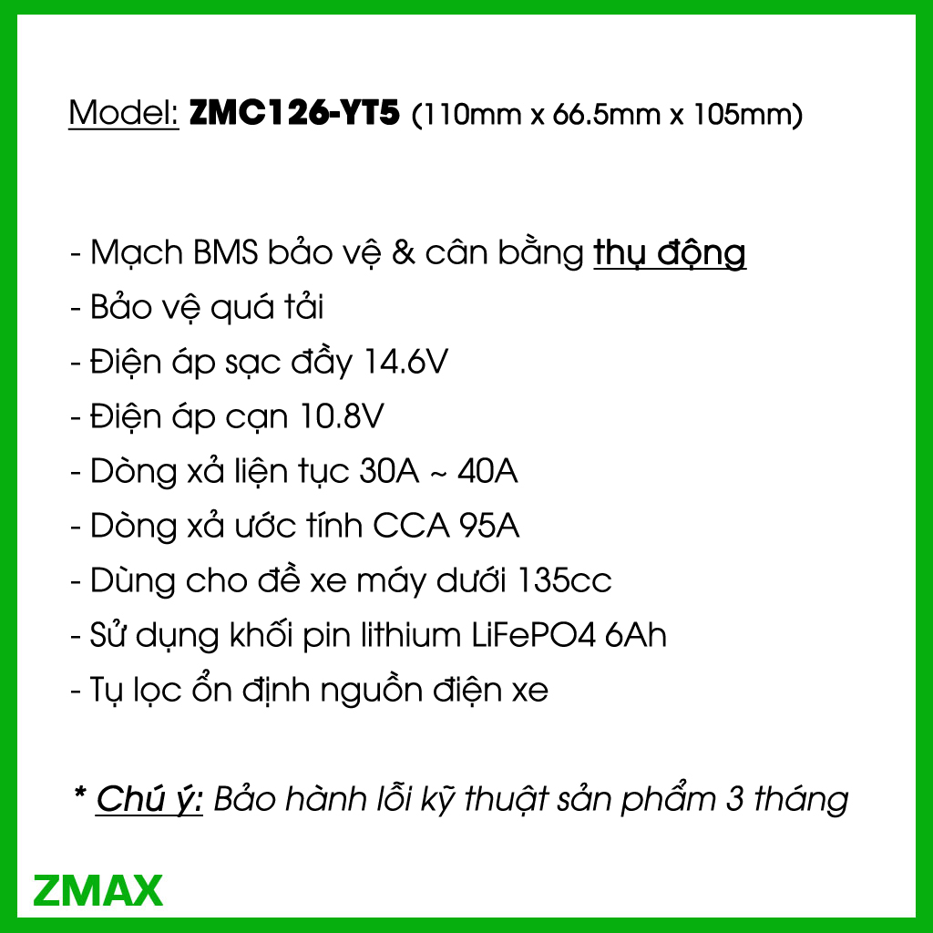 ZMAX Pin Lithium LiFePO4 ZMC12V6-YT5 12V 6Ah cho AirBlade, Vision, Lead, Exciter