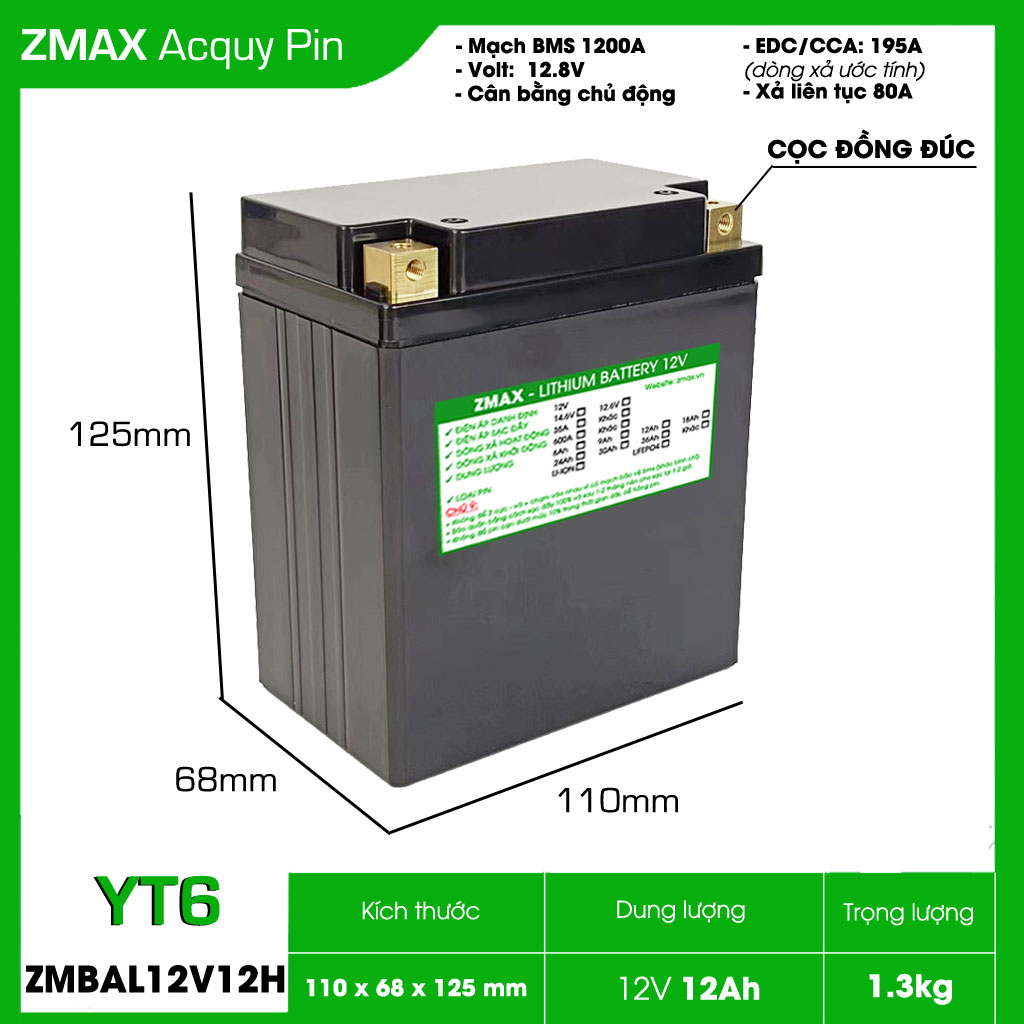 ZMAX Pin Lithium LiFePO4 ZMBAL12V12-YT6 12V 12Ah cho Honda SH, Lead 110, Yamaha NVX, Vespa Sprint