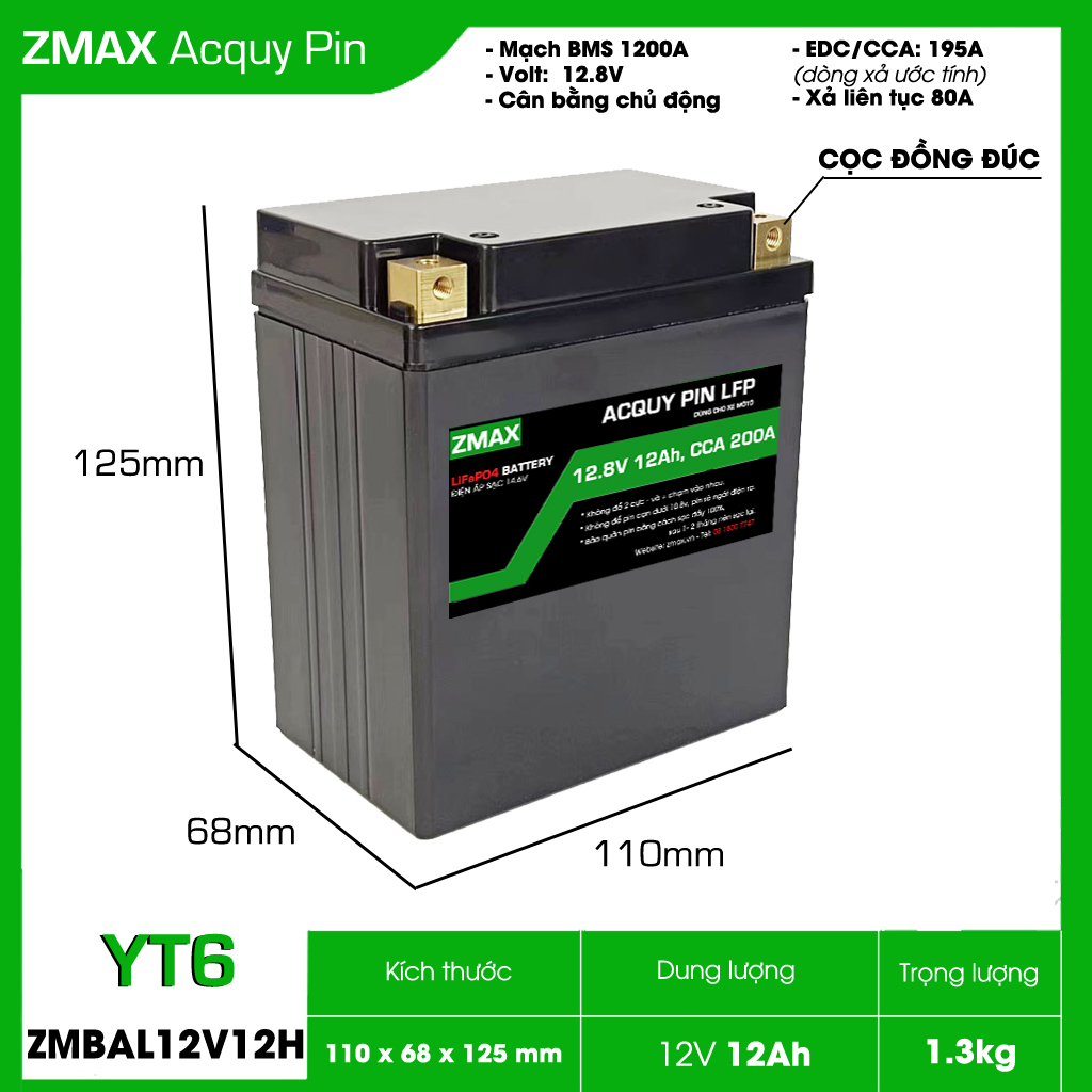 ZMAX Pin Lithium LiFePO4 ZMBAL12V12H-YT6 12V 12Ah cho Honda SH, Lead 110, Yamaha NVX, Vespa Sprint CCA 200A