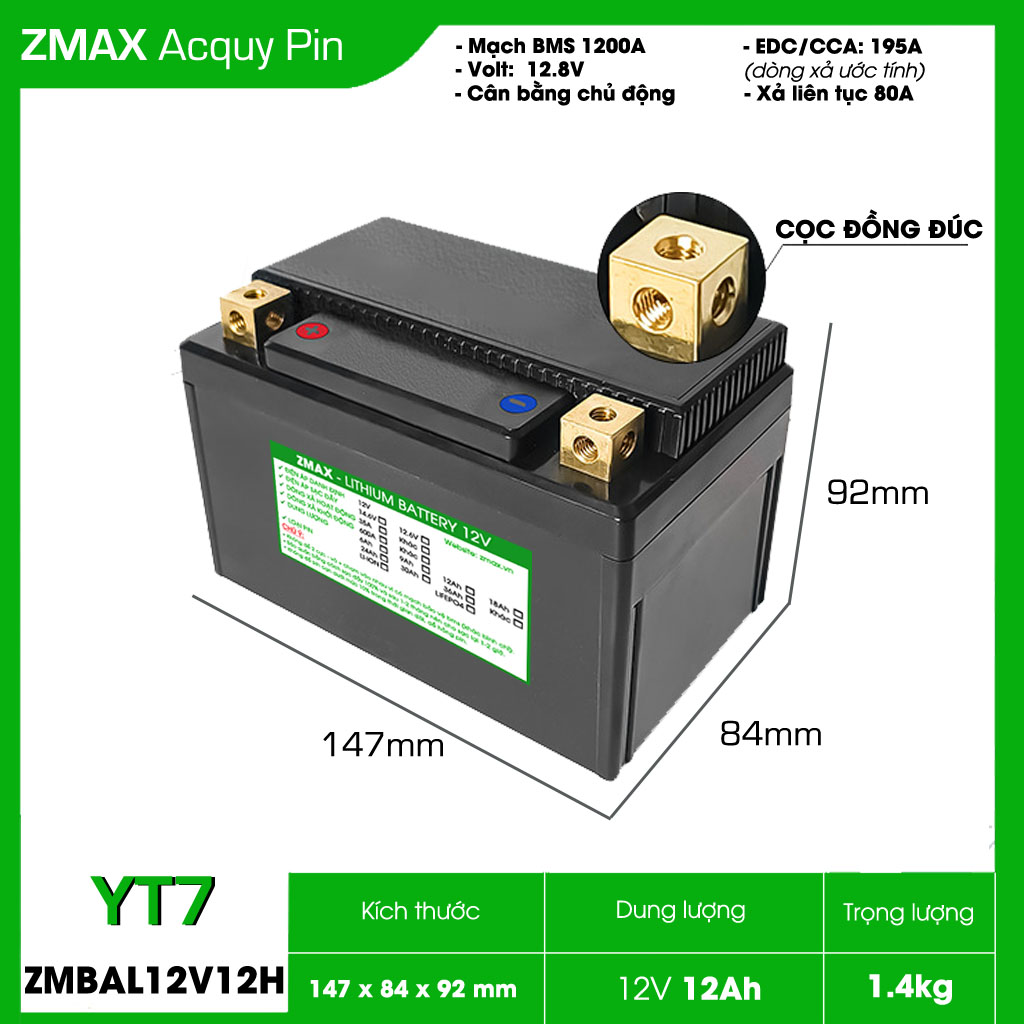 Bình ZMAX LiFePO4 YT7 ZMBAL12V12-YT7 12V 12Ah cho SH300i, SH350i, Vespa LX, Spacy