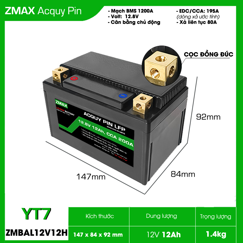 Bình ZMAX LiFePO4 YT7 ZMBAL12V12H-YT7 12V 12Ah cho SH300i, SH350i, Vespa LX, Spacy CCA 200A
