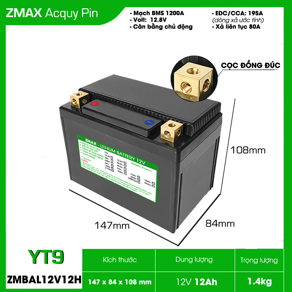 ZMAX Lithium LiFePO4 YT9 12V 12Ah ZMBAL12V12H-YT9 cho xe máy, mô tô