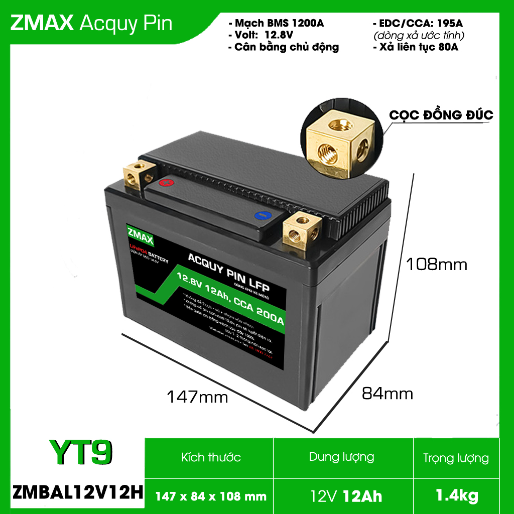 ZMAX Lithium LiFePO4 YT9 12V 12Ah ZMBAL12V12H-YT9 cho xe máy, mô tô