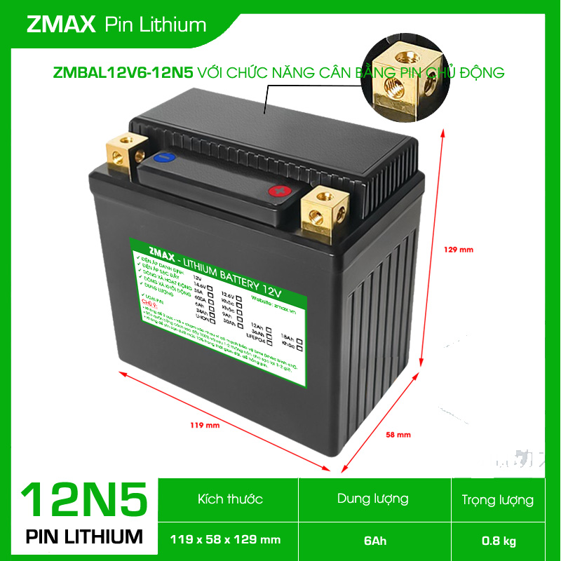 Bình Acquy ZMax Pin Lithium LifePO4 12V 6Ah, Mạch cân bằng chủ động ZMBAL12V6-12N5, Dùng Cho Xe Máy - Xe Mô Tô