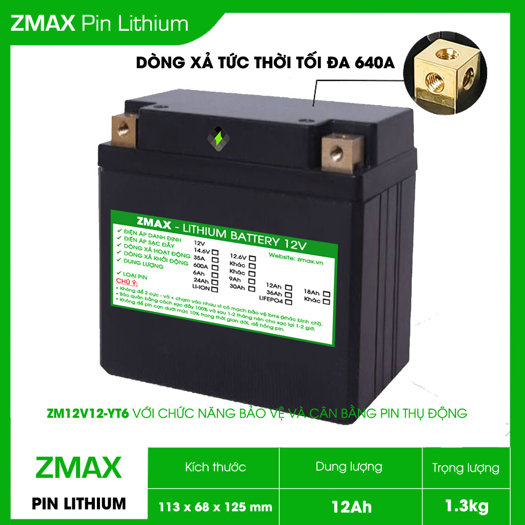 Bình Acquy ZMax Pin Lithium LifePO4 12V 12Ah, ZM12V12-YT6 Dùng Cho Xe Máy - Xe Mô Tô