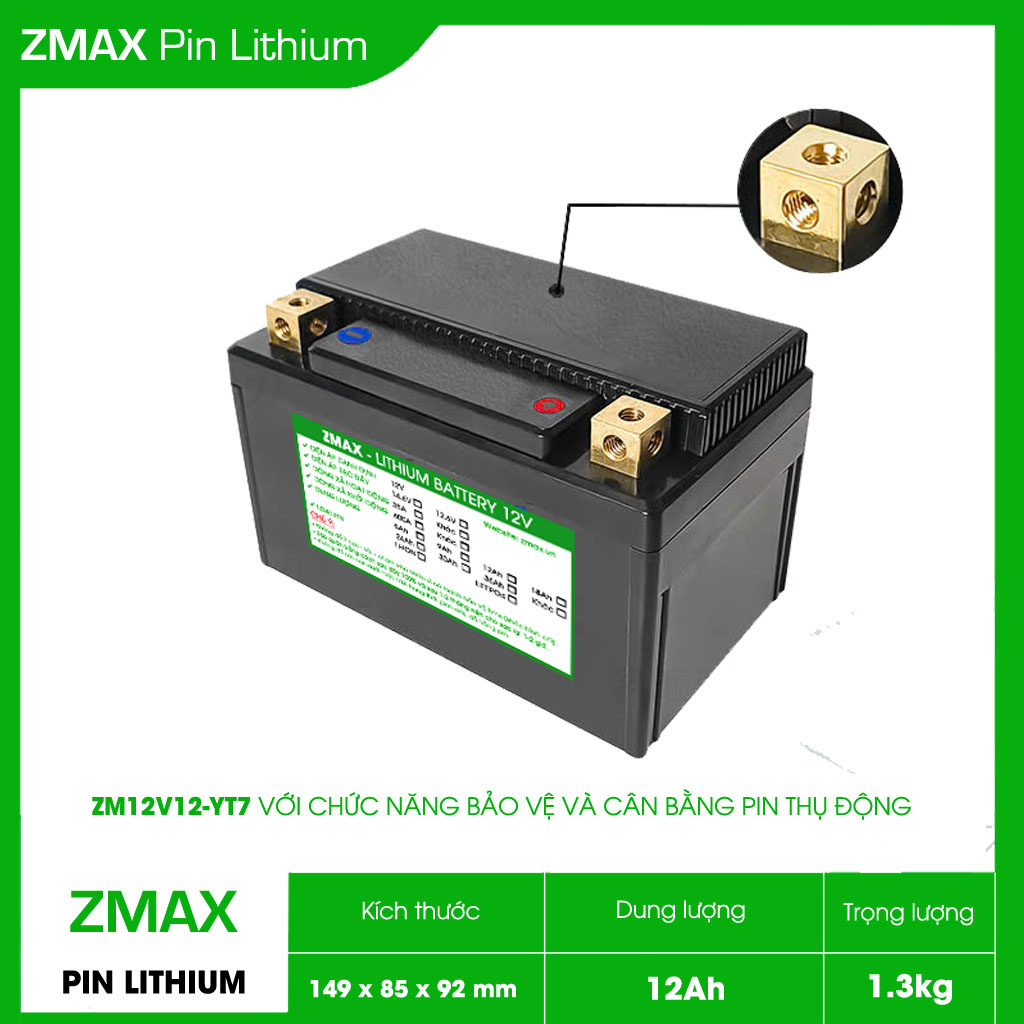 Bình Acquy ZMax Pin Lithium LifePO4 12V 12Ah, ZM12V12-YT7 Dùng Cho Xe Máy - Xe Mô Tô