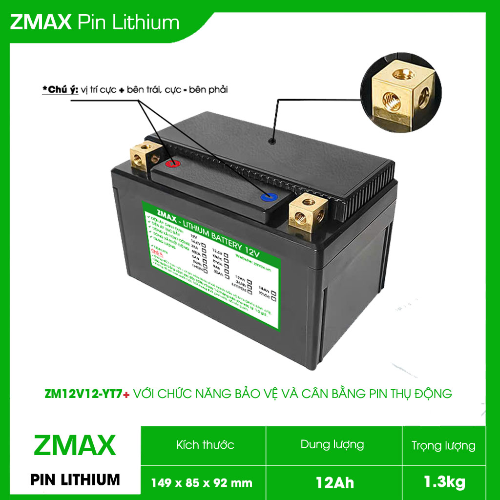 Bình Acquy ZMax Pin Lithium LifePO4 12V 12Ah, ZM12V12-YT7 Plus Dùng Cho Xe Máy - Xe Mô Tô
