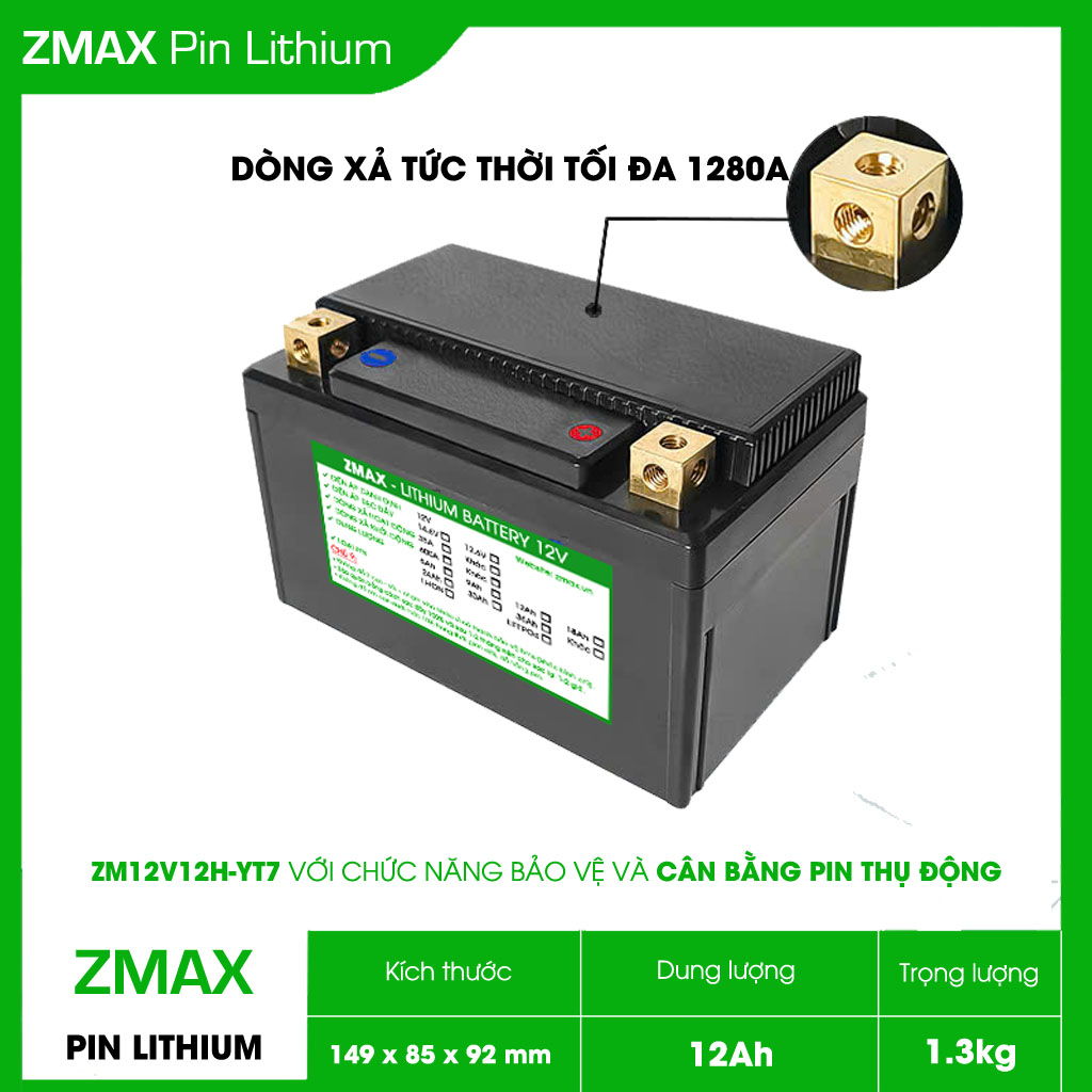 Bình Acquy ZMax Pin Lithium LifePO4 12V 12Ah, ZM12V12H-YT7 Dùng Cho Xe Máy - Xe Mô Tô