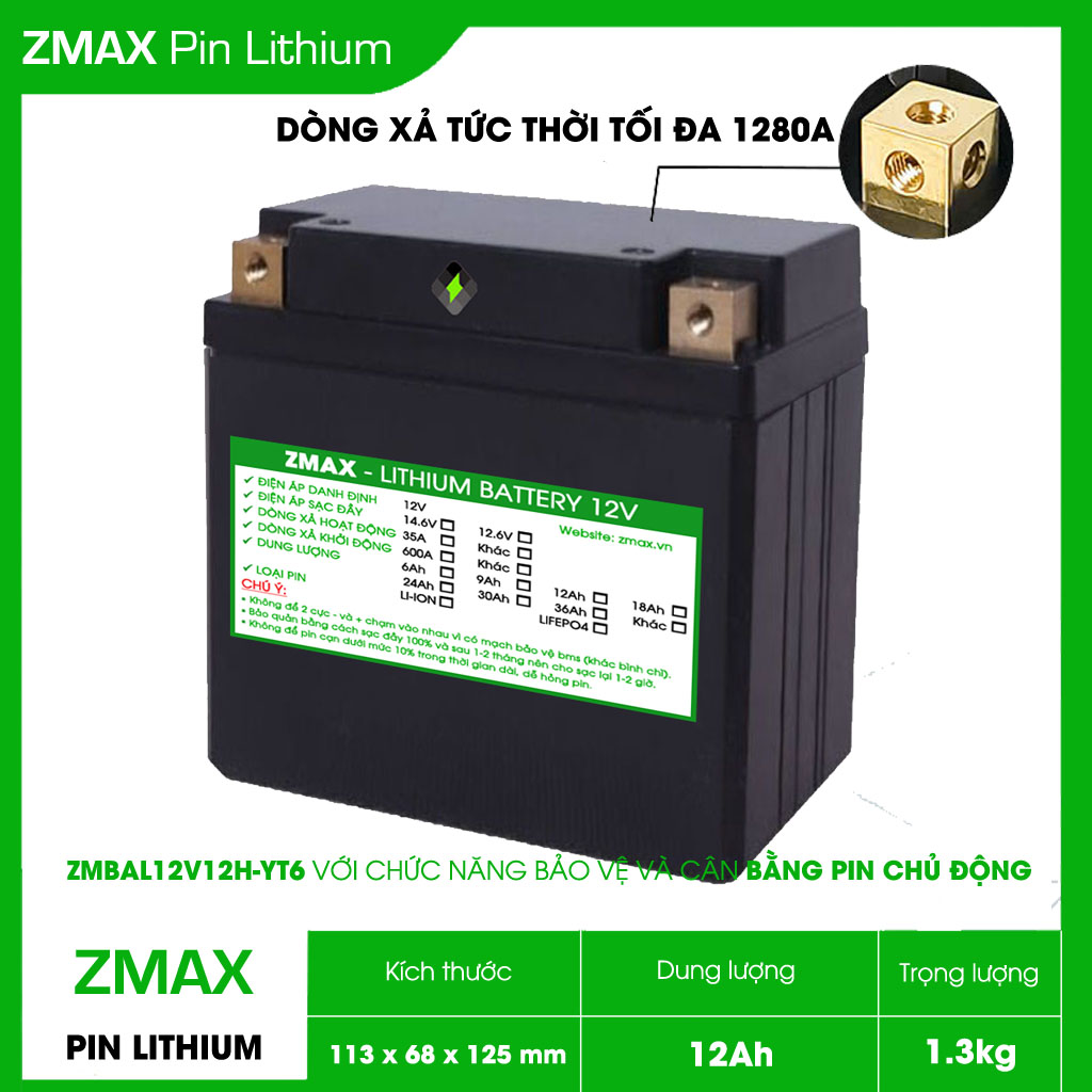Bình Acquy ZMax Pin Lithium LifePO4 12V 12Ah, ZMBAL12V12H-YT6 Dùng Cho Xe Máy - Xe Mô Tô