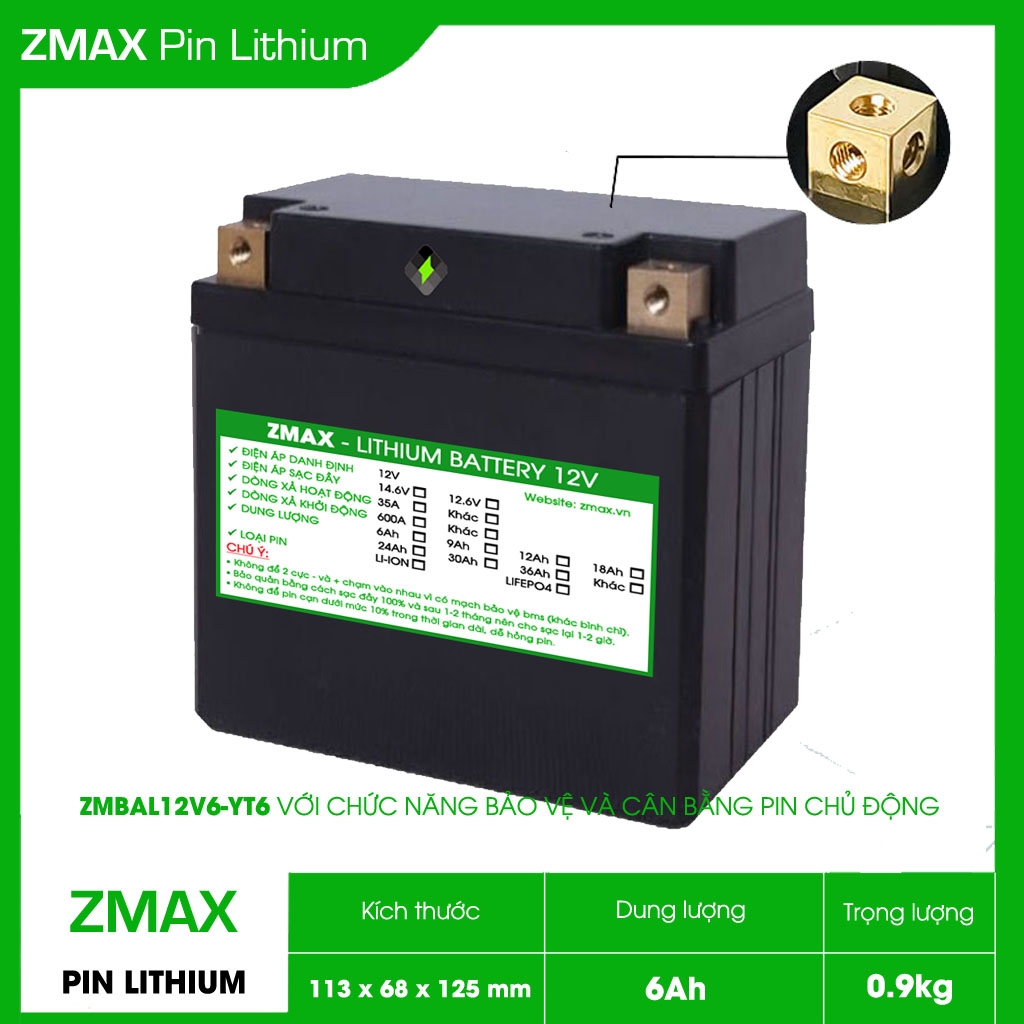 Bình Acquy ZMax Pin Lithium LifePO4 12V 12Ah, ZMBAL12V6-YT6 Dùng Cho Xe Máy - Xe Mô Tô