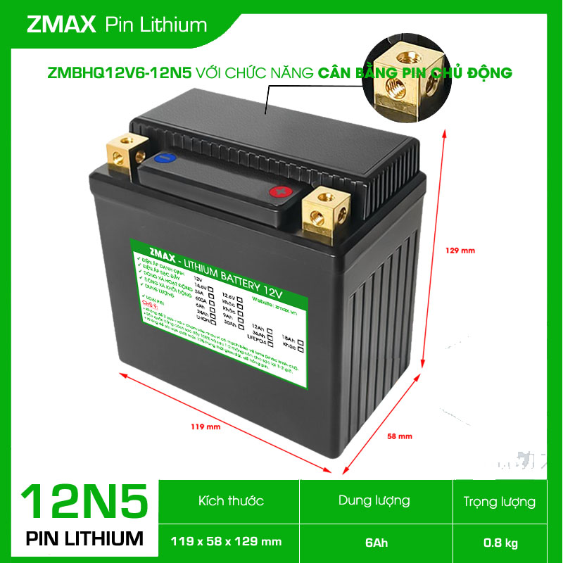Bình Acquy ZMax Pin Lithium LifePO4 12V 6Ah, Mạch cân bằng chủ động ZMBHQ12V6-12N5, Siêu tụ Fara Dùng Cho Xe Máy - Xe Mô Tô