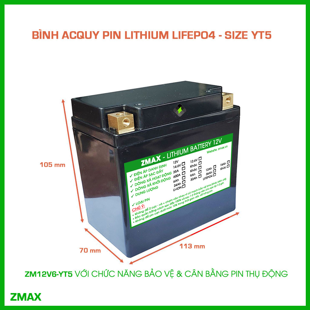 Bình Acquy ZMax Pin Lithium LifePO4 12V 6Ah, ZM12V6-YT5