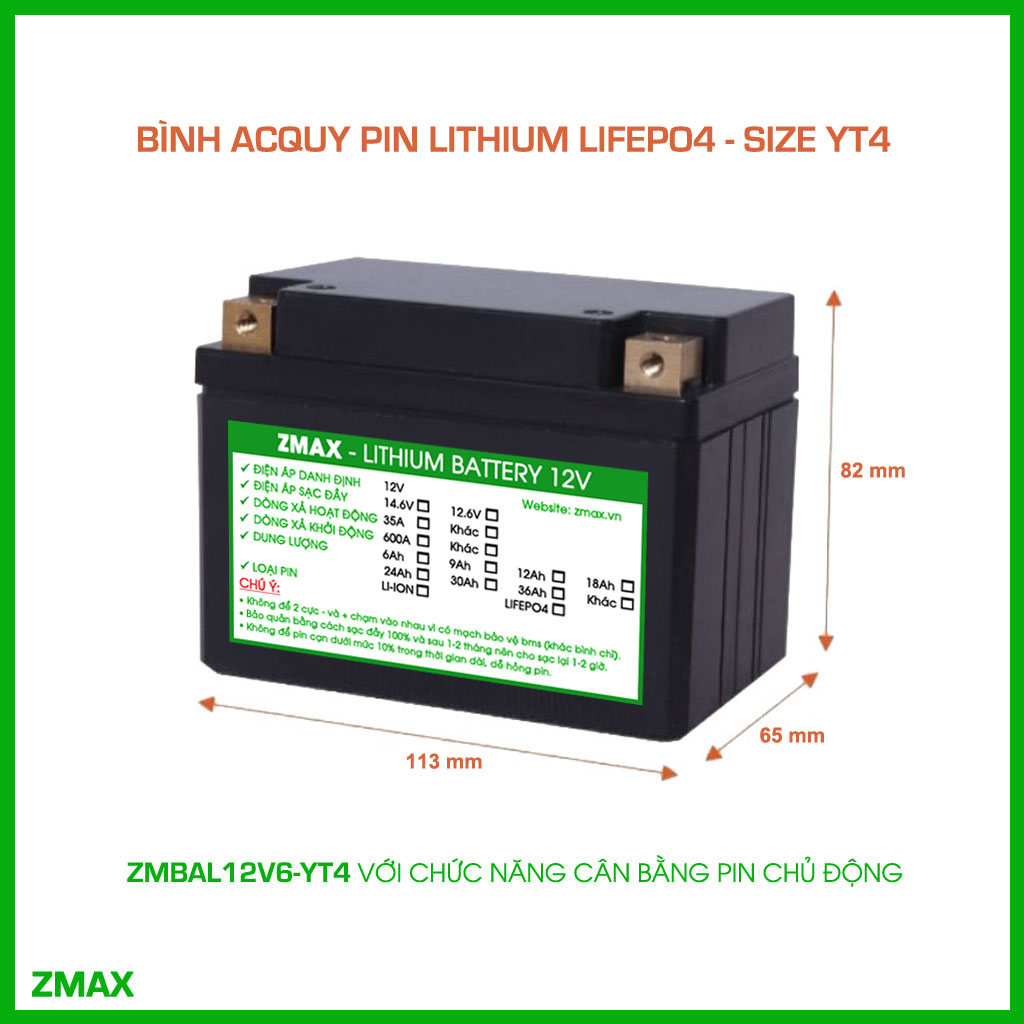 Bình Acquy ZMax Pin Lithium LifePO4 12V 6Ah, ZMBAL12V6-YT4 Cân Bằng Cell Pin Chủ Động