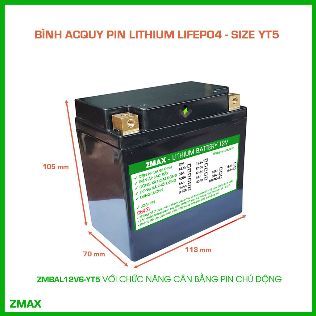 Bình Acquy ZMax Pin Lithium LifePO4 12V 6Ah, ZMBAL12V6-YT5 Cân Bằng Cell Pin Chủ Động